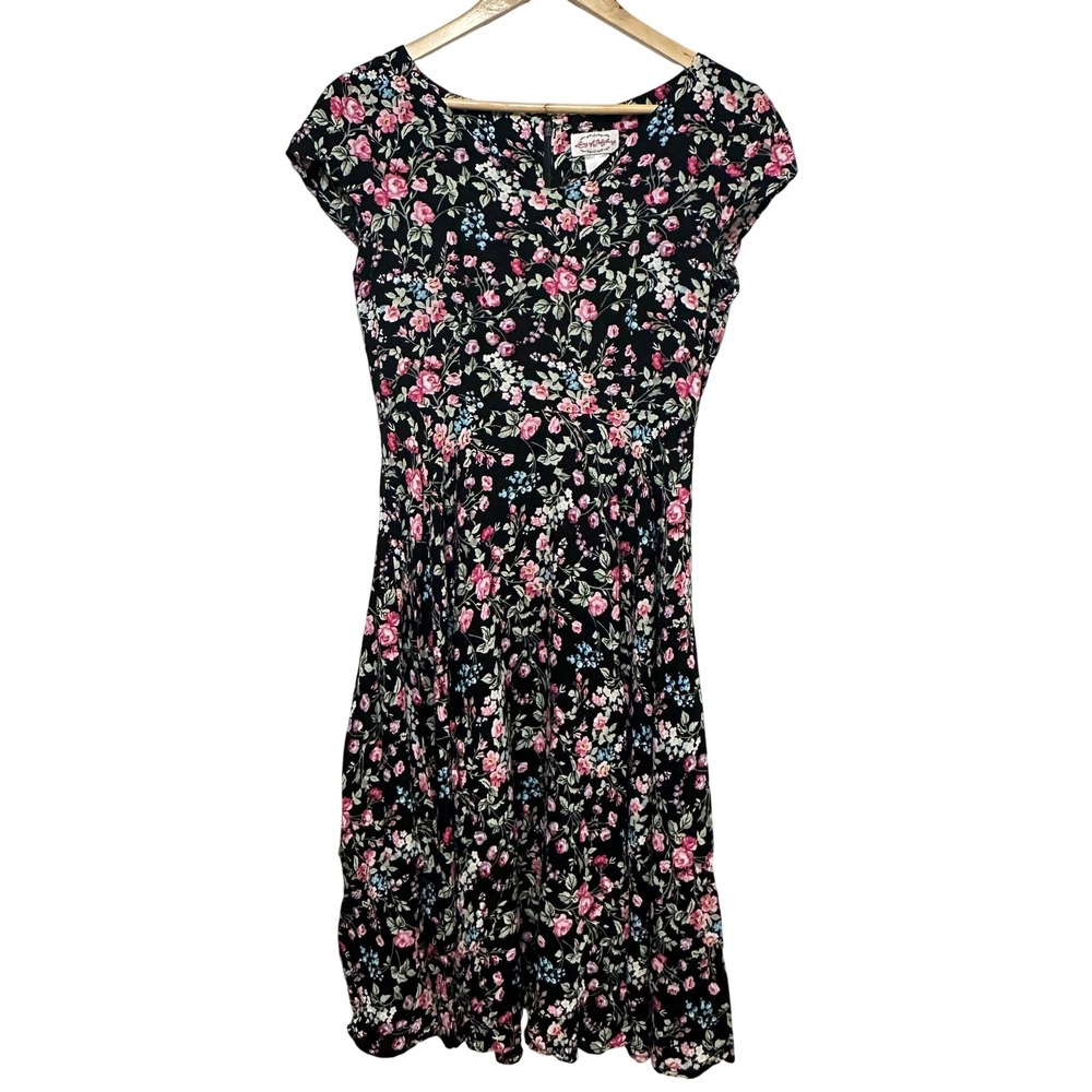 Vintage Lanz of Salzburg Floral Cottage Midi Dress Womens Small Rayon Cap Sleeve